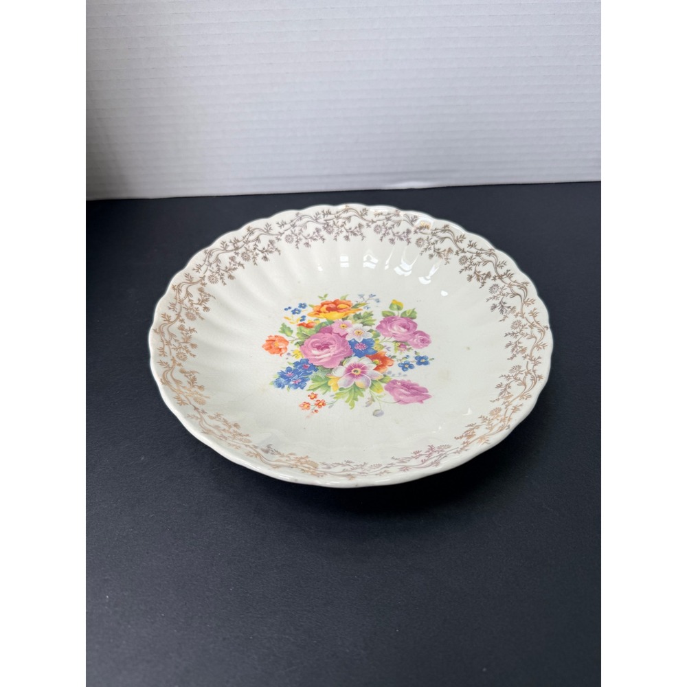 Grandmacore Southern Potteries Vintage Floral Bowl 22Kt Gold Filigree Scalloped